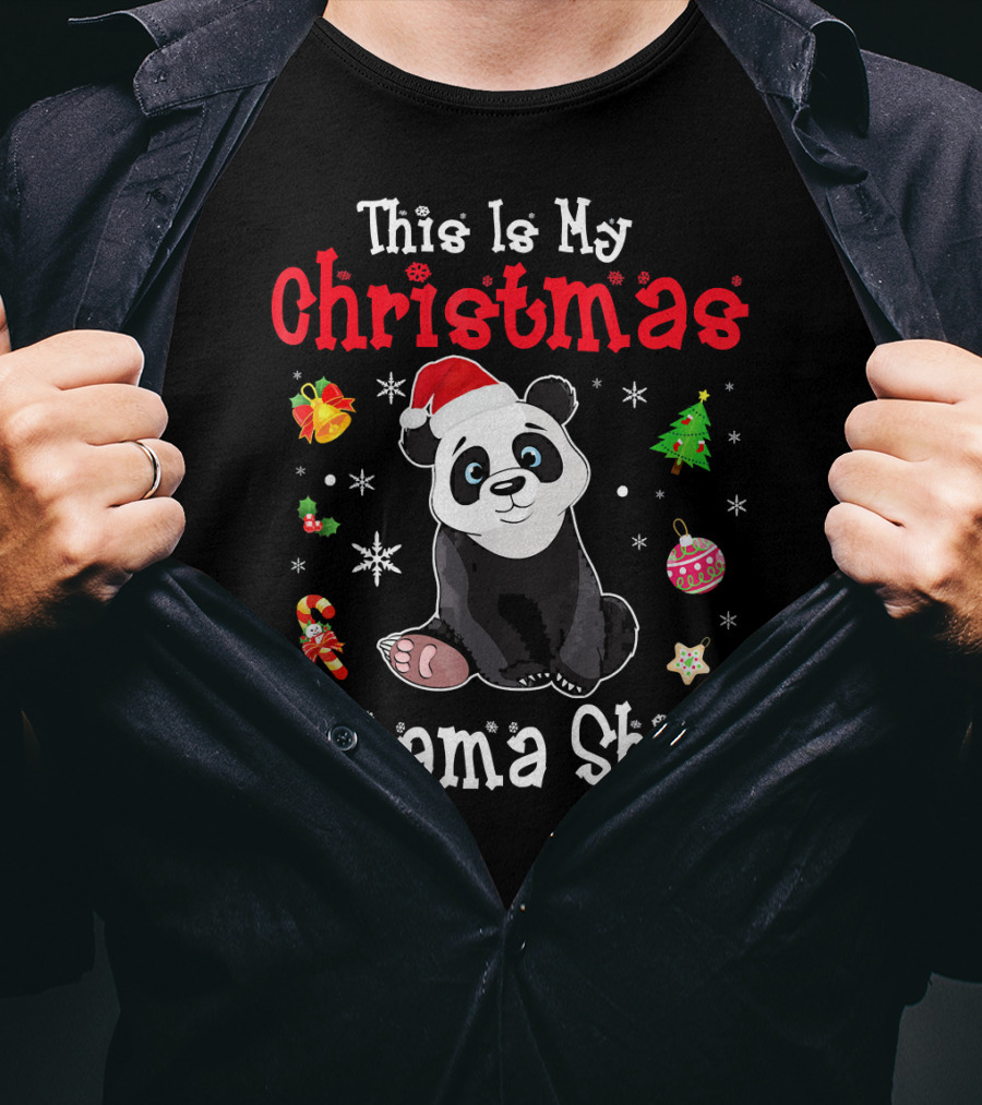 This Is My Christmas Pajama Shirt Panda Santa Hat Snowflakes Ornaments T-Shirt