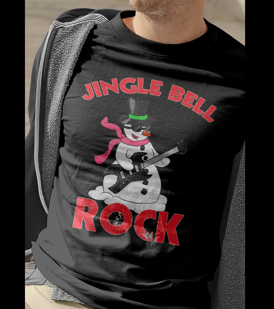 Jingle Bell Rock Snowman Playing Guitar With Top Hat And Scarf T-Shirt