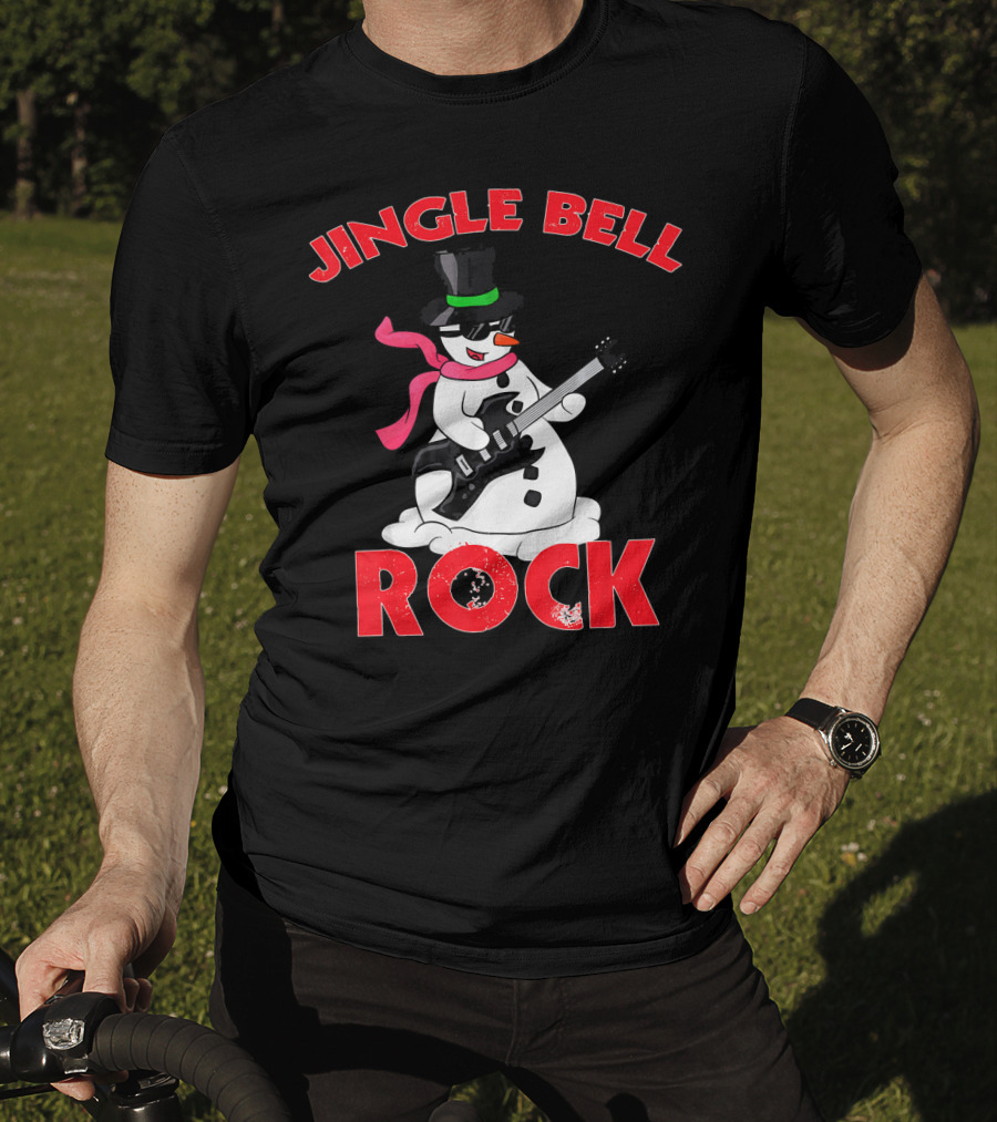 Jingle Bell Rock Snowman Playing Guitar With Top Hat And Scarf T-Shirt