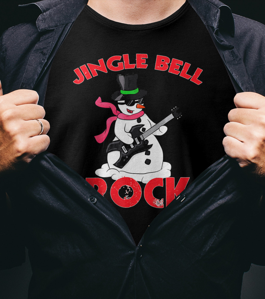 Jingle Bell Rock Snowman Playing Guitar With Top Hat And Scarf T-Shirt