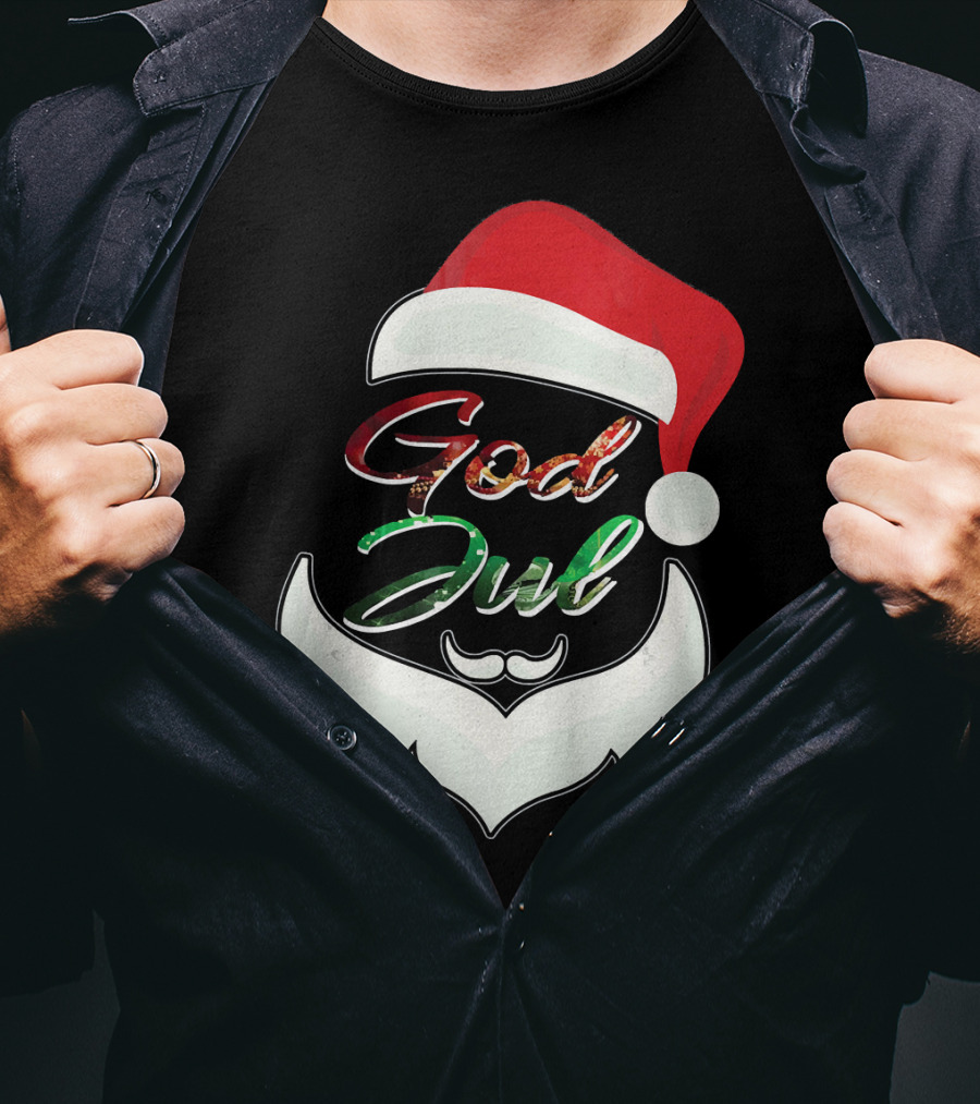 God Jul Norwegian Merry Christmas Santa Hat And Beard Design Norway T-Shirt