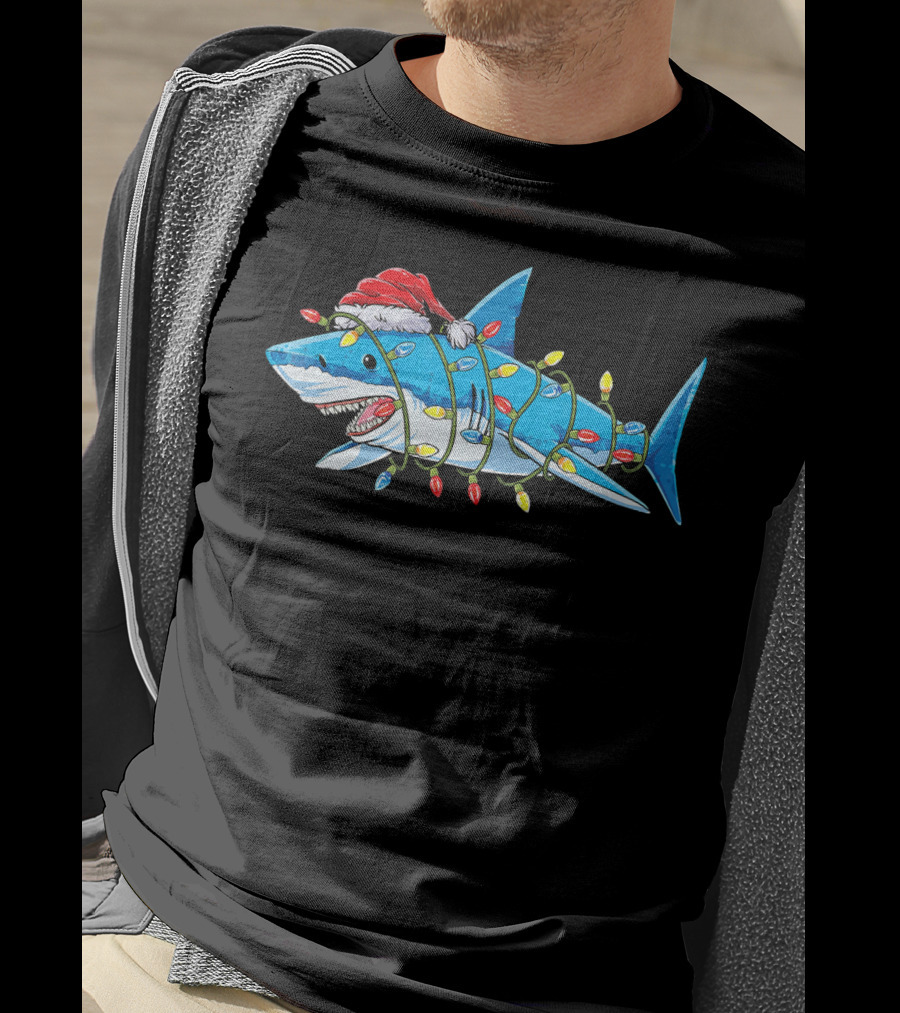 Christmas Shark With Santa Hat And Holiday Lights T-Shirt