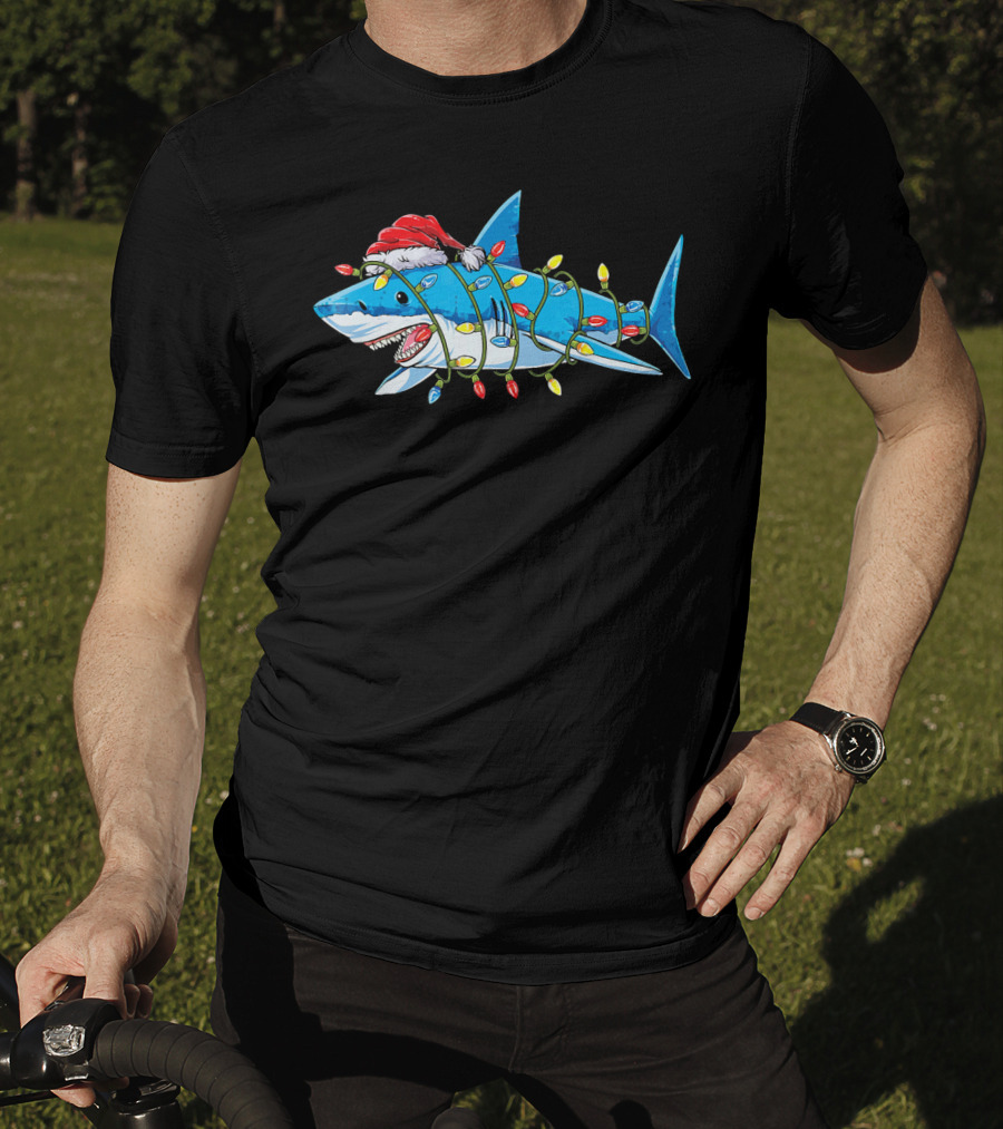 Christmas Shark With Santa Hat And Holiday Lights T-Shirt
