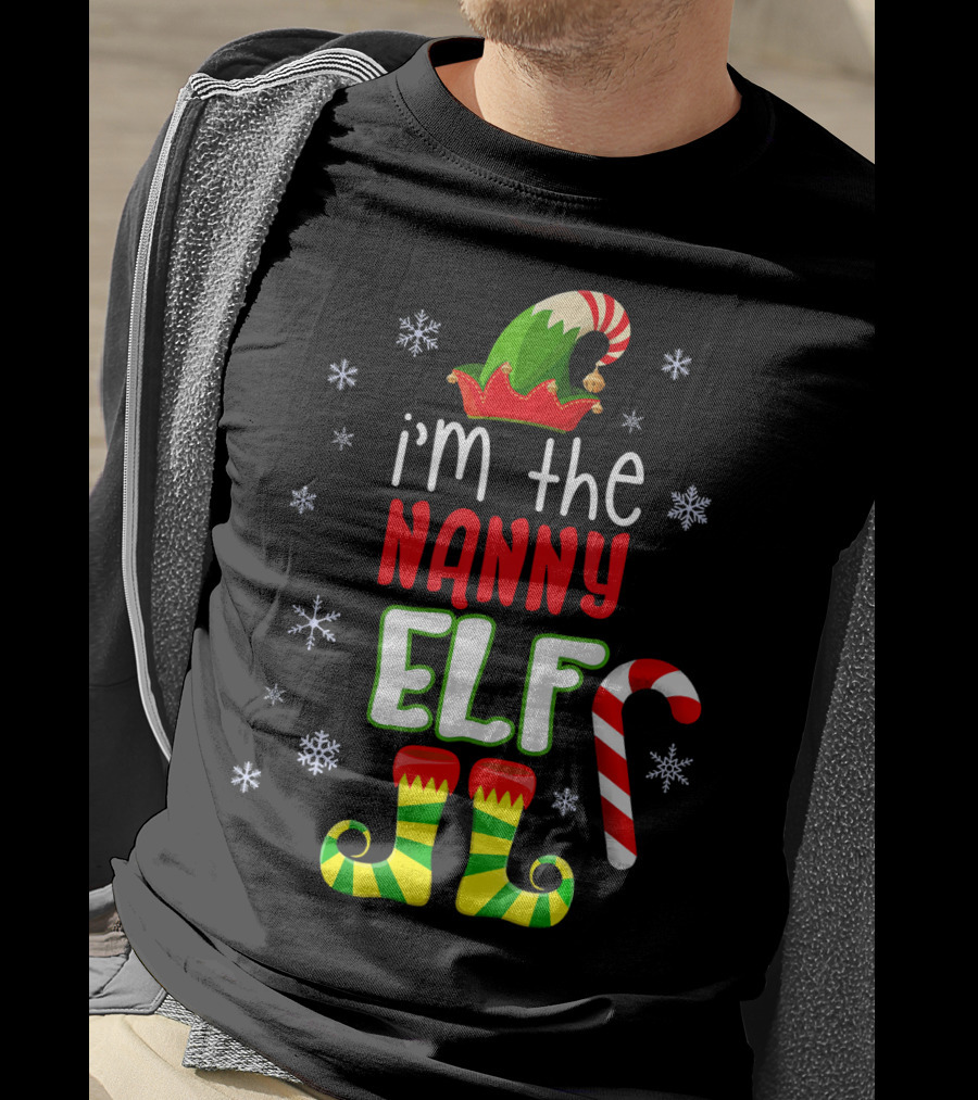 I'm The Nanny Elf Christmas Snowflakes Candy Cane Hat Boots T-Shirt