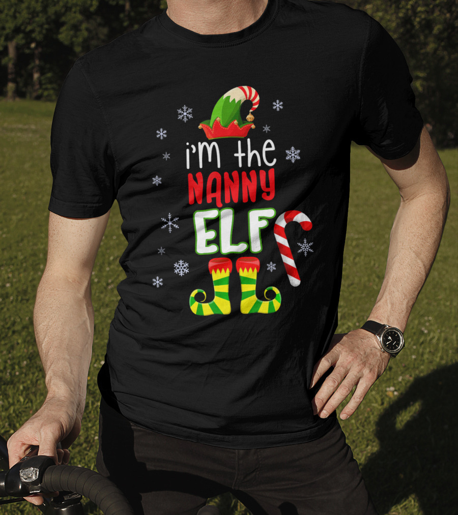 I'm The Nanny Elf Christmas Snowflakes Candy Cane Hat Boots T-Shirt
