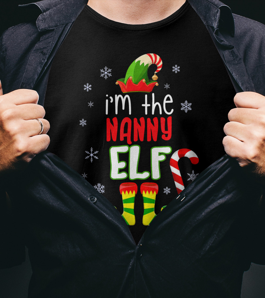 I'm The Nanny Elf Christmas Snowflakes Candy Cane Hat Boots T-Shirt