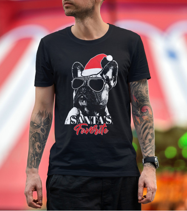 Premium T-Shirt: Santa's Favorite French Bulldog Wearing Sunglasses and Hat T-Shirt Santa's Favorite French Bulldog Wearing Sunglasses and Hat T-Shirt