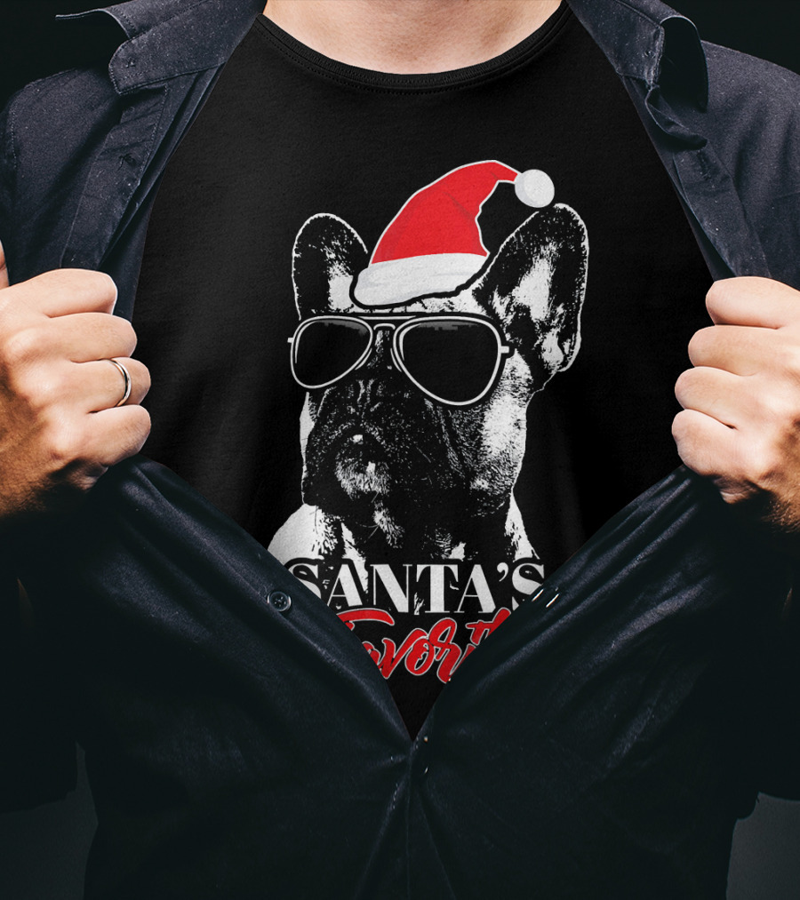 Santa's Favorite French Bulldog Wearing Sunglasses And Hat T-Shirt