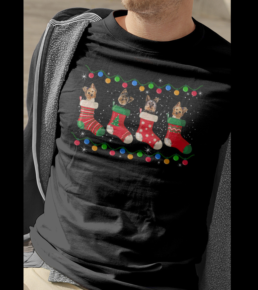 Christmas Yorkie Dogs In Festive Stockings With Holiday Lights T-Shirt