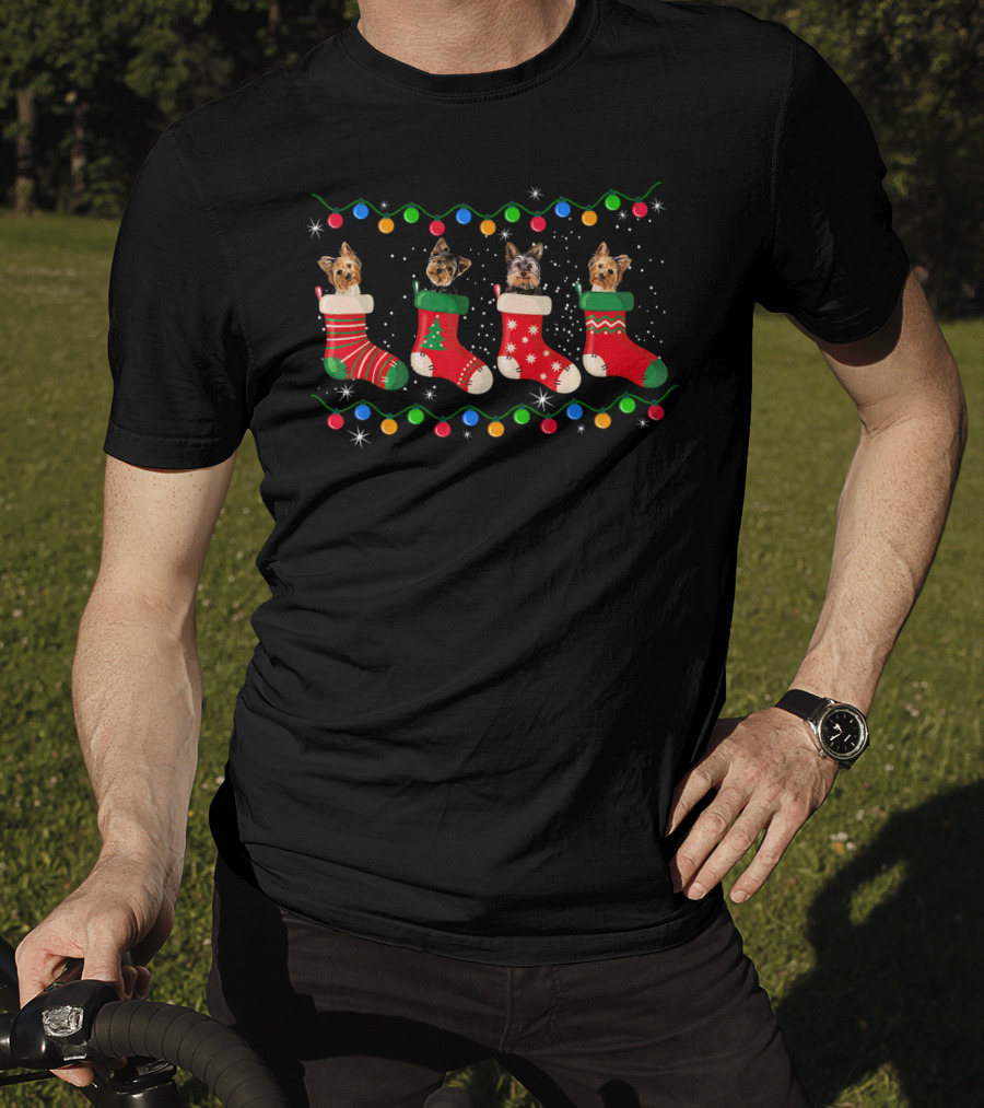 Christmas Yorkie Dogs In Festive Stockings With Holiday Lights T-Shirt