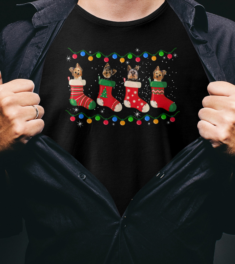 Christmas Yorkie Dogs In Festive Stockings With Holiday Lights T-Shirt