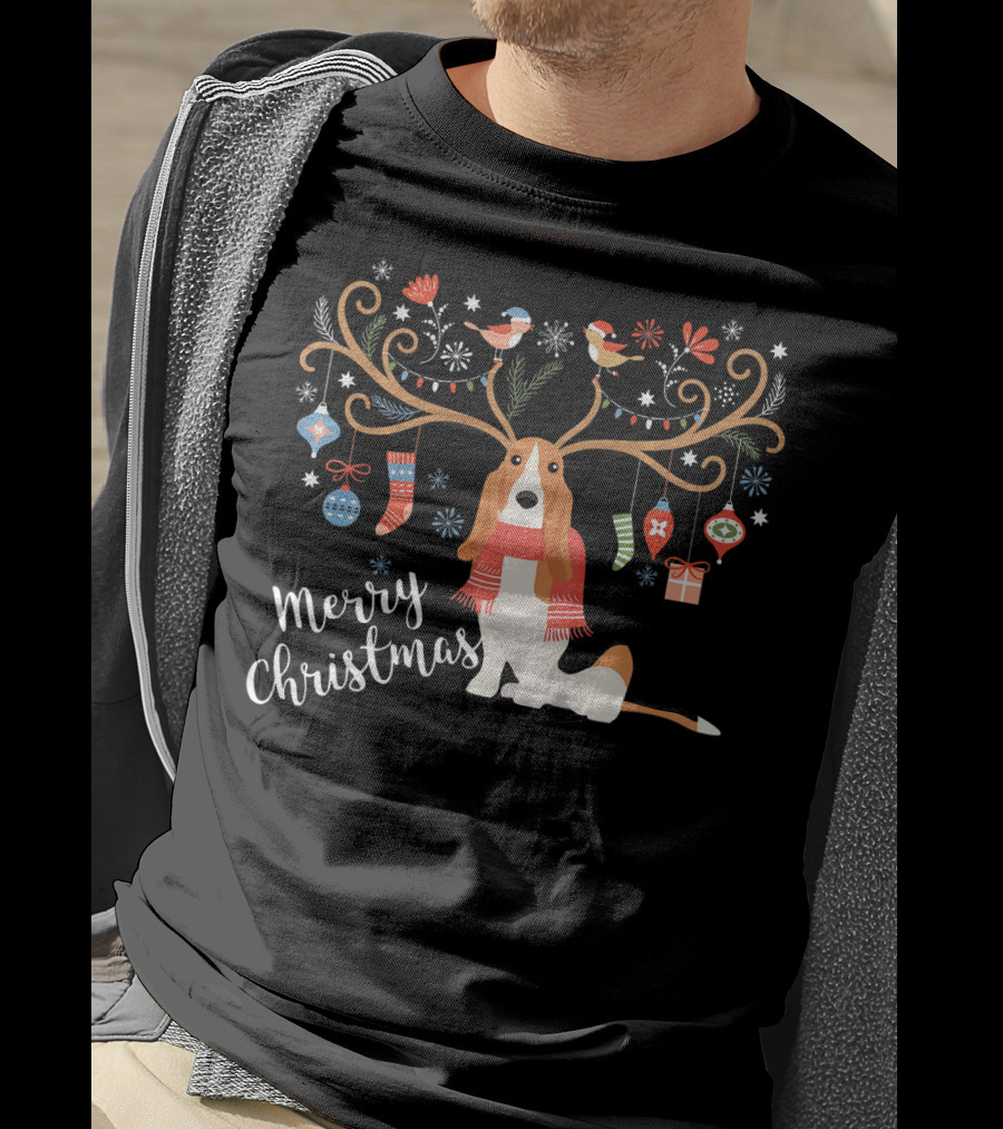 Merry Christmas Basset Hound Reindeer Antlers Ornaments T-Shirt
