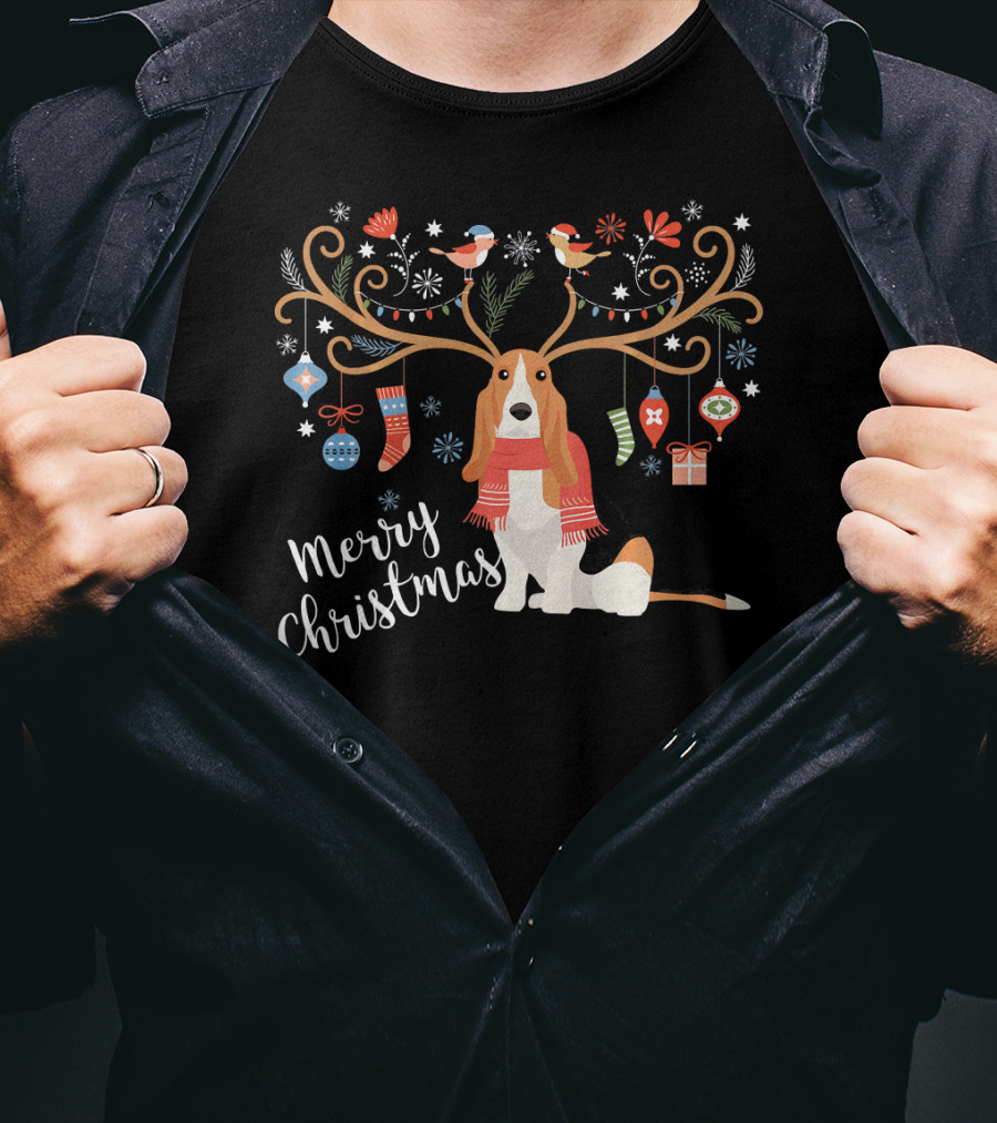 Merry Christmas Basset Hound Reindeer Antlers Ornaments T-Shirt