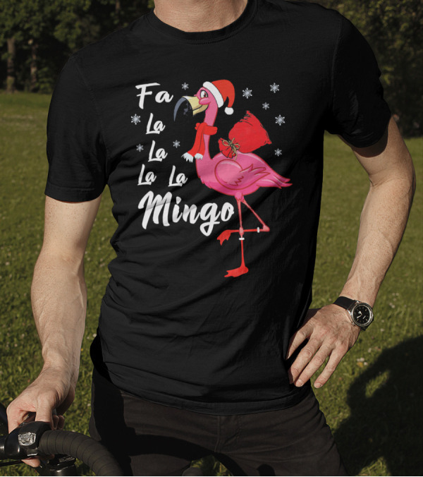 Fa La La La La Mingo Flamingo Santa Hat Snowflakes T-Shirt