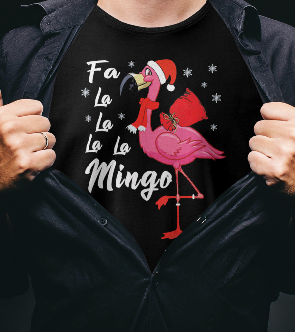 Fa La La La La Mingo Flamingo Santa Hat Snowflakes T-Shirt