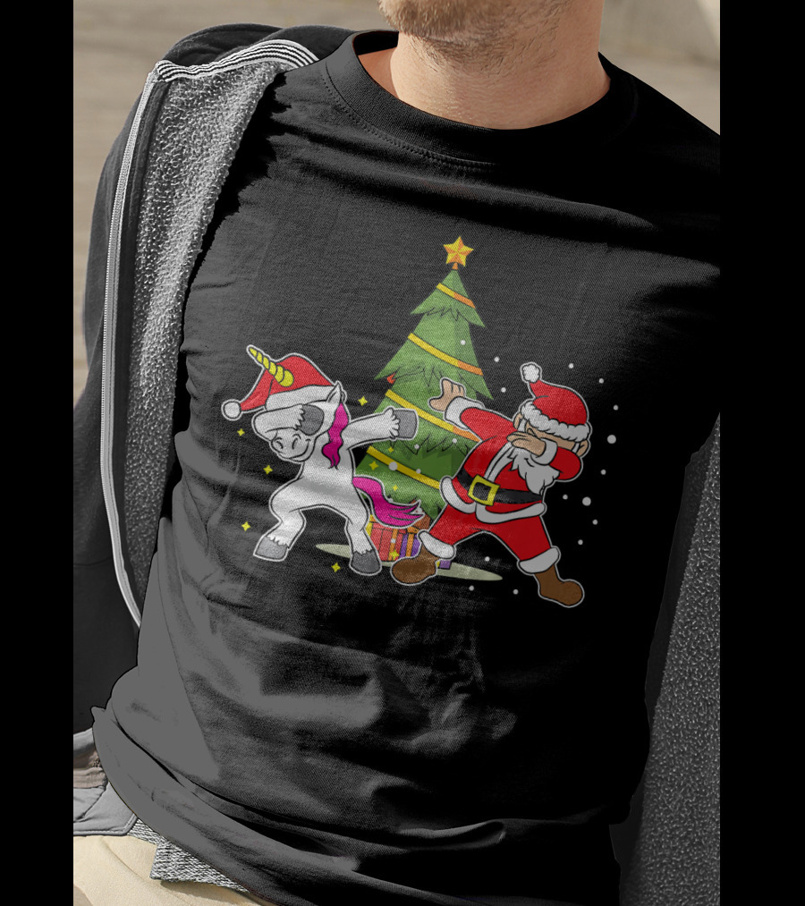 Dabbing Unicorn Xmas Christmas Santa Dance By Tree T-Shirt