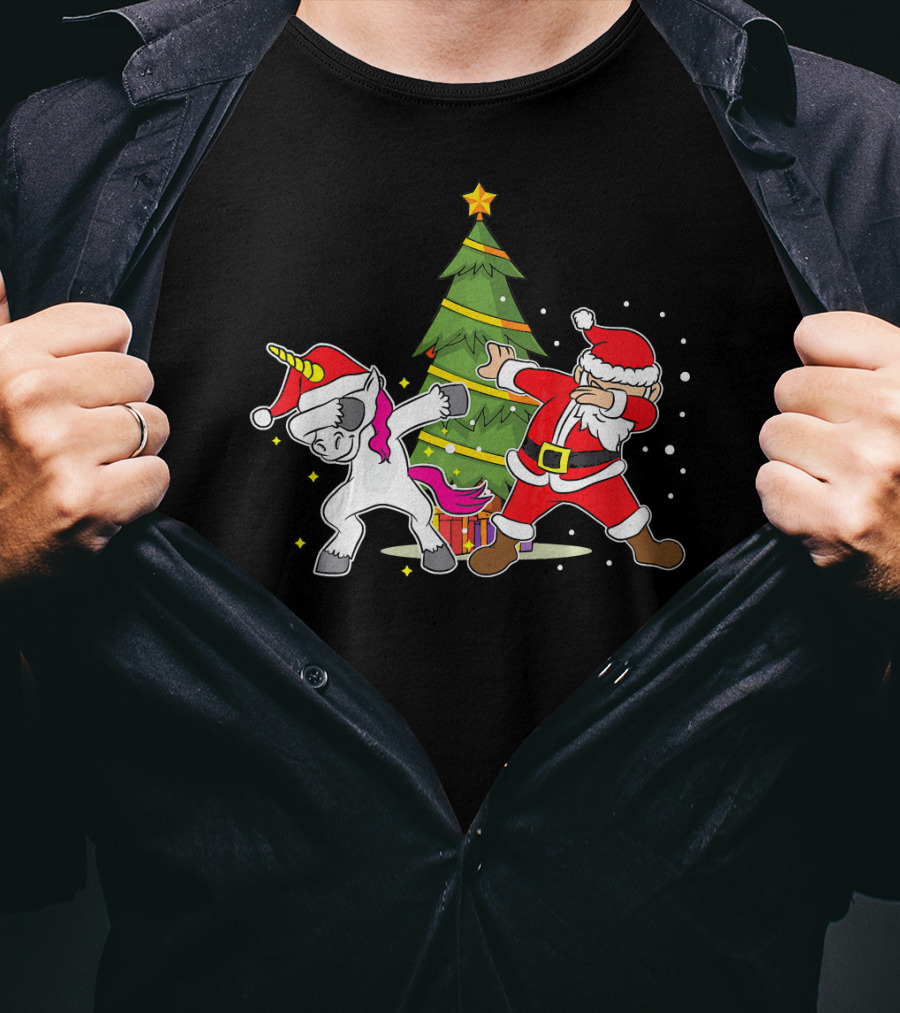 Dabbing Unicorn Xmas Christmas Santa Dance By Tree T-Shirt