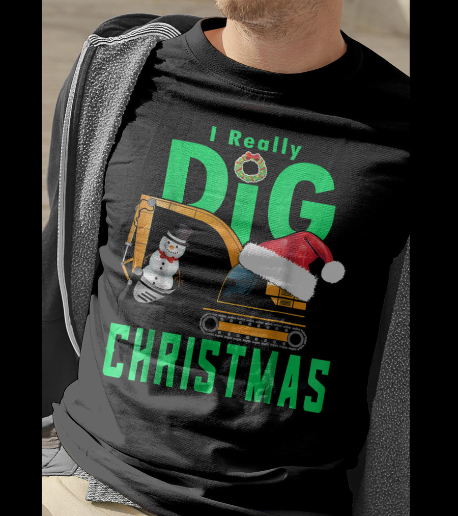 I Really Dig Christmas Snowman Santa Hat Excavator T-Shirt