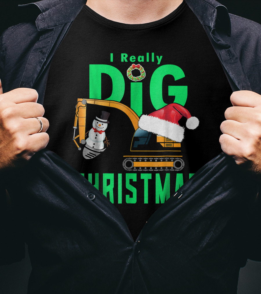 I Really Dig Christmas Snowman Santa Hat Excavator T-Shirt