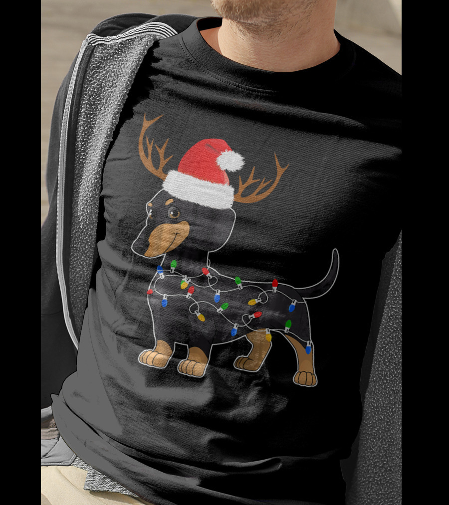 Dachshund Christmas Reindeer With Santa Hat And Holiday Lights T-Shirt