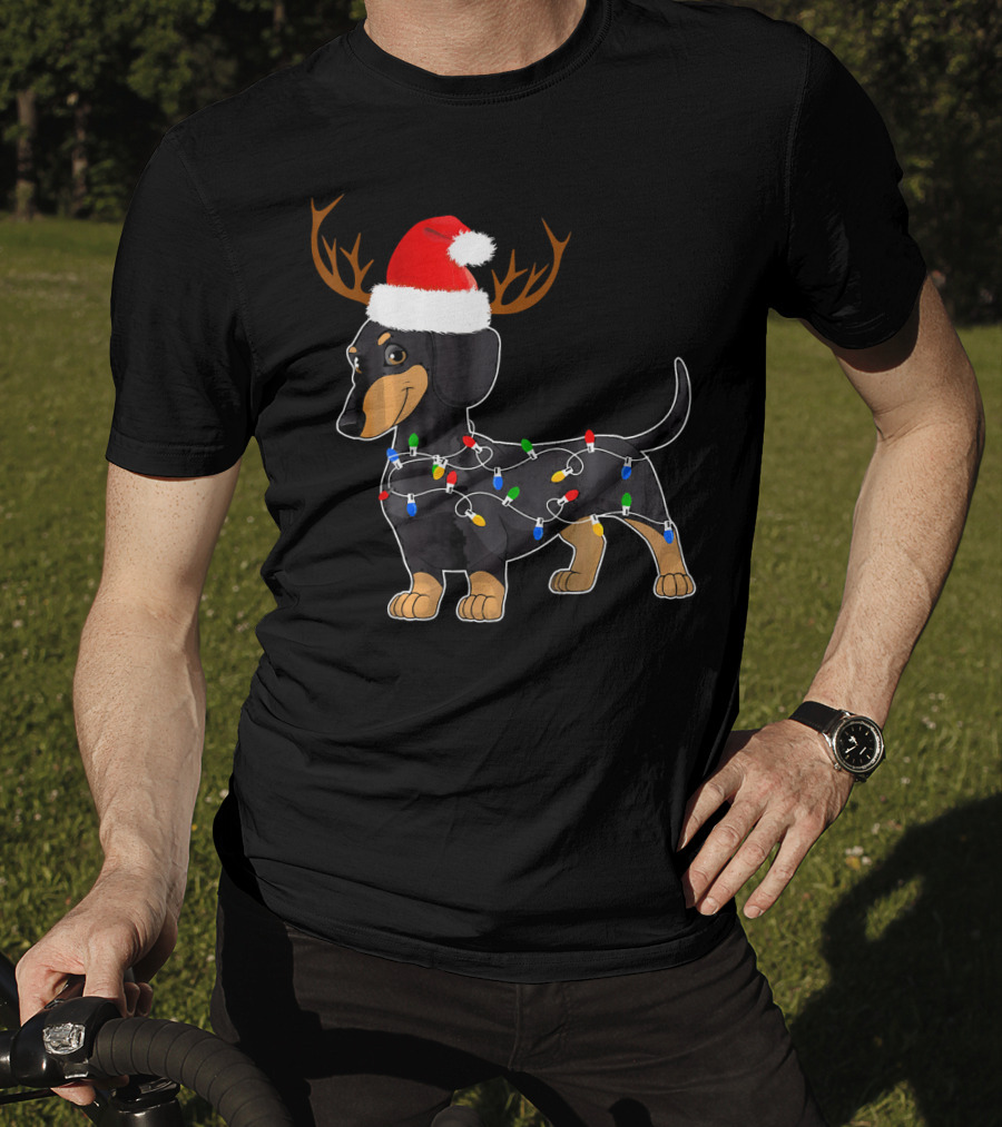 Dachshund Christmas Reindeer With Santa Hat And Holiday Lights T-Shirt