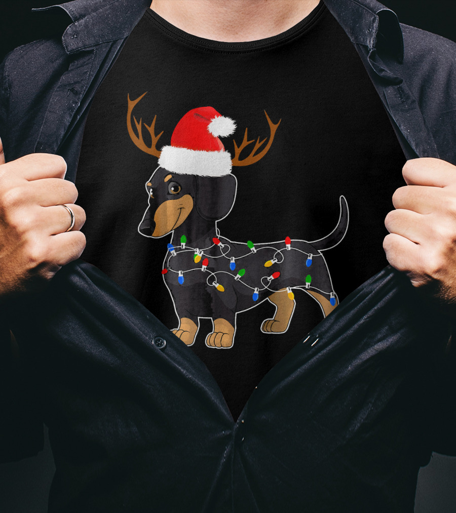 Dachshund Christmas Reindeer With Santa Hat And Holiday Lights T-Shirt