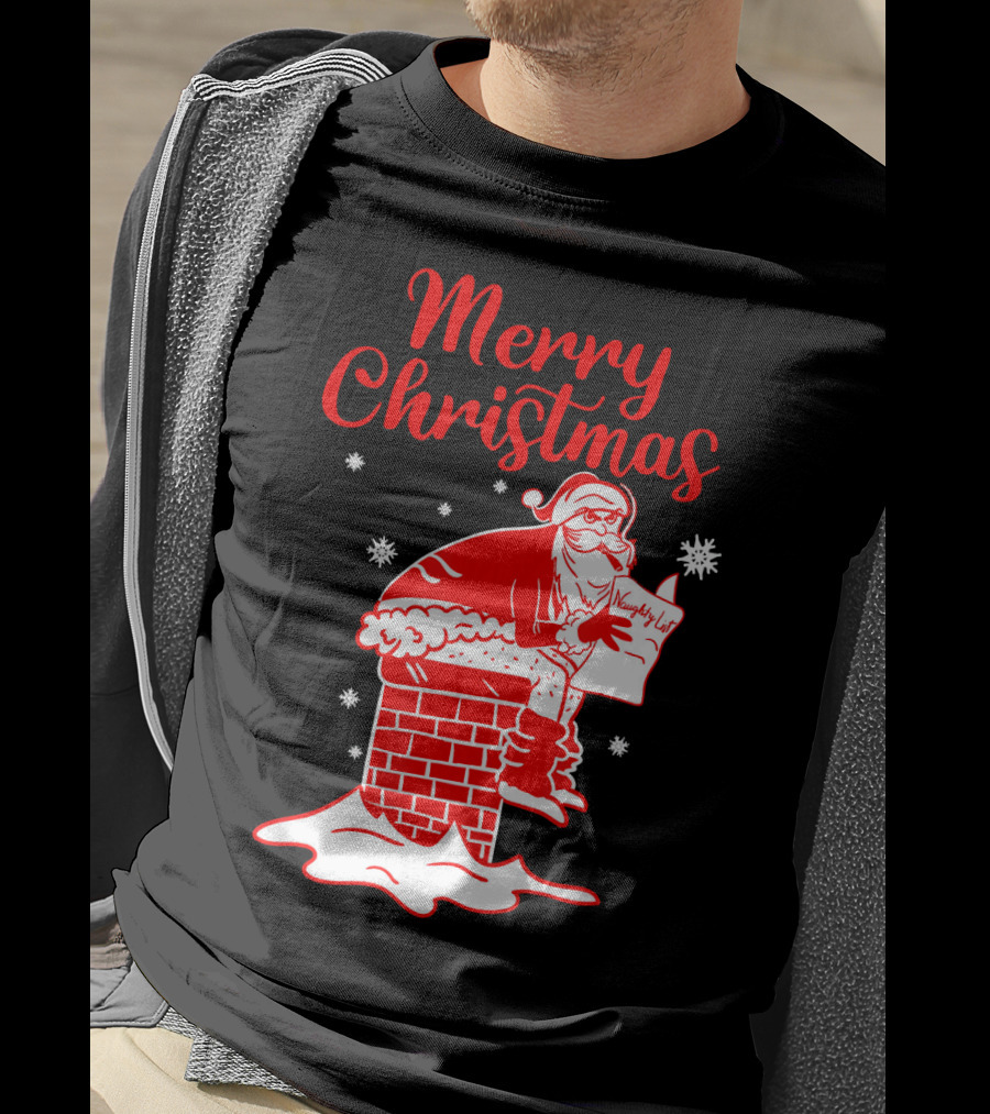 Merry Christmas Santa Pooping Naughty List Snowflakes Chimney T-Shirt