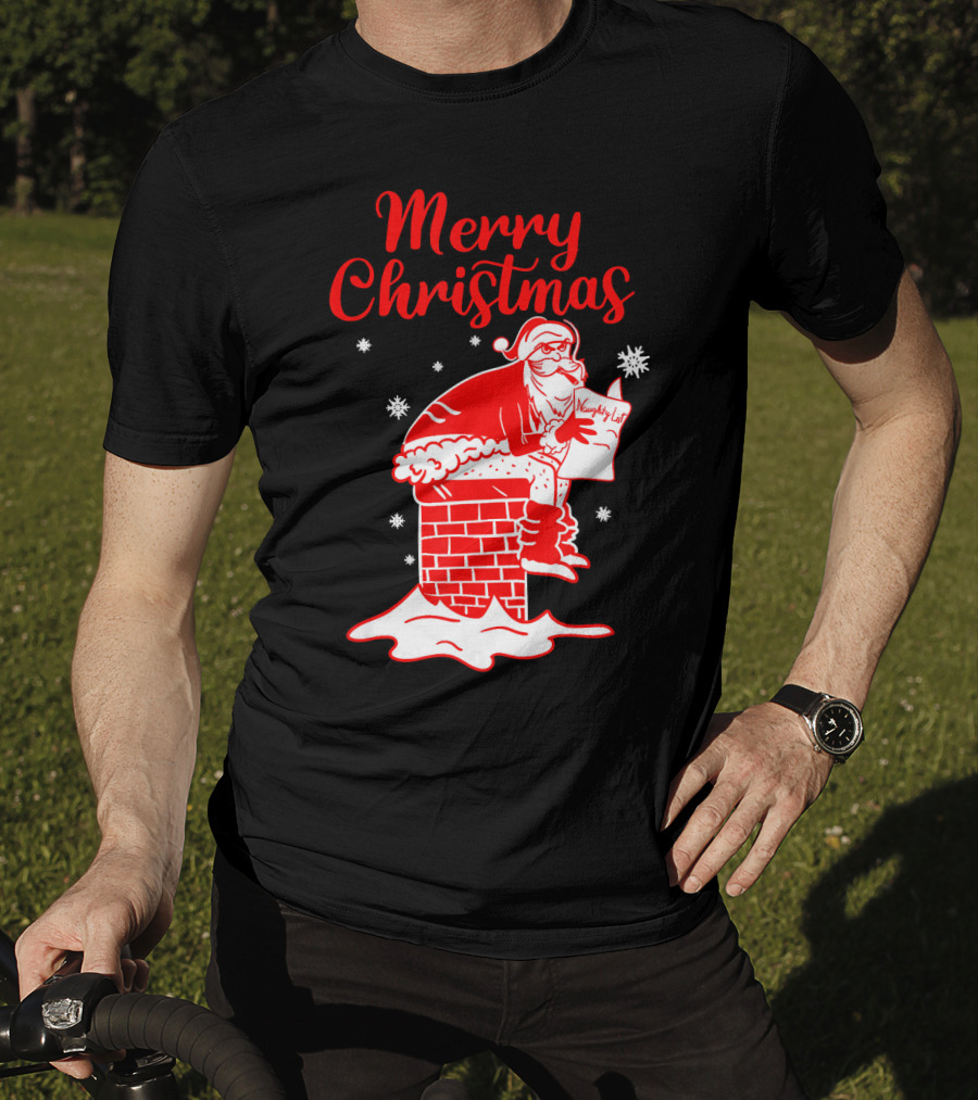 Merry Christmas Santa Pooping Naughty List Snowflakes Chimney T-Shirt