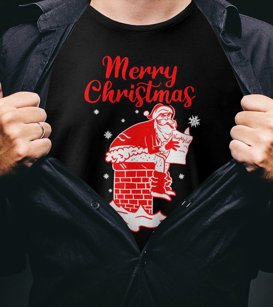 Merry Christmas Santa Pooping Naughty List Snowflakes Chimney T-Shirt
