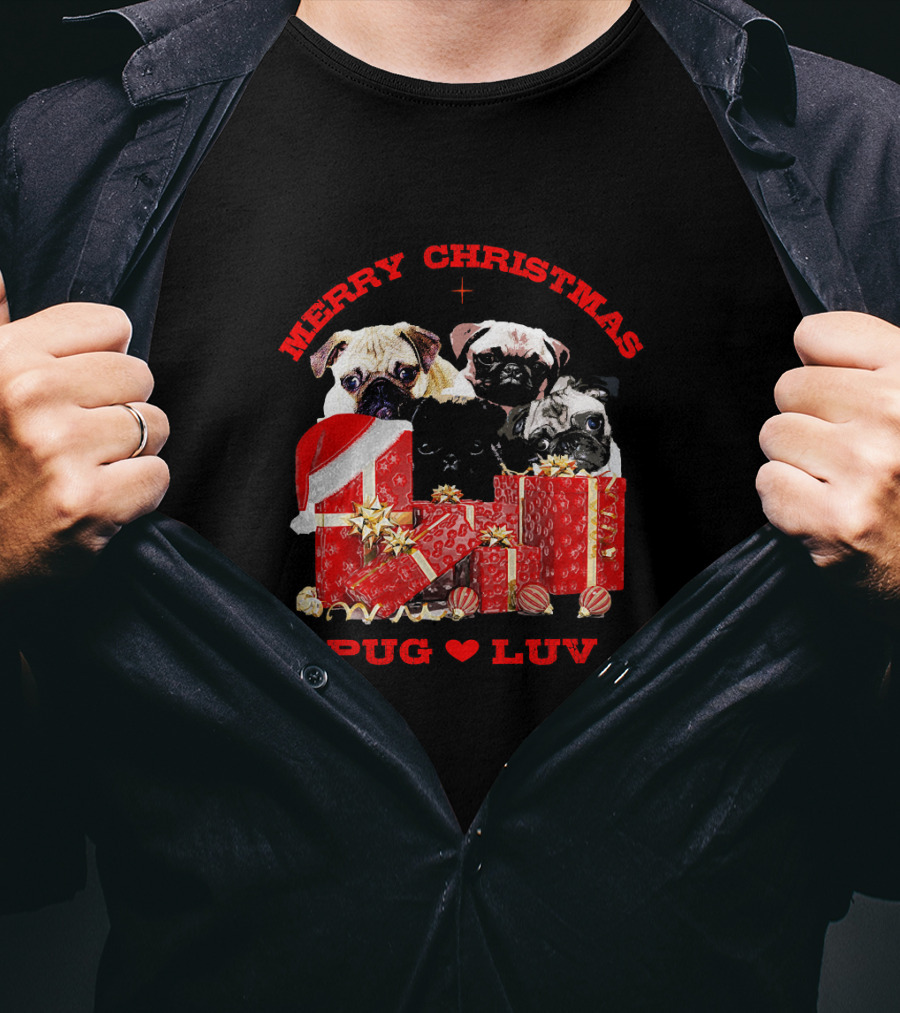 Merry Christmas Pug Luv With Pug Dogs And Gifts T-Shirt