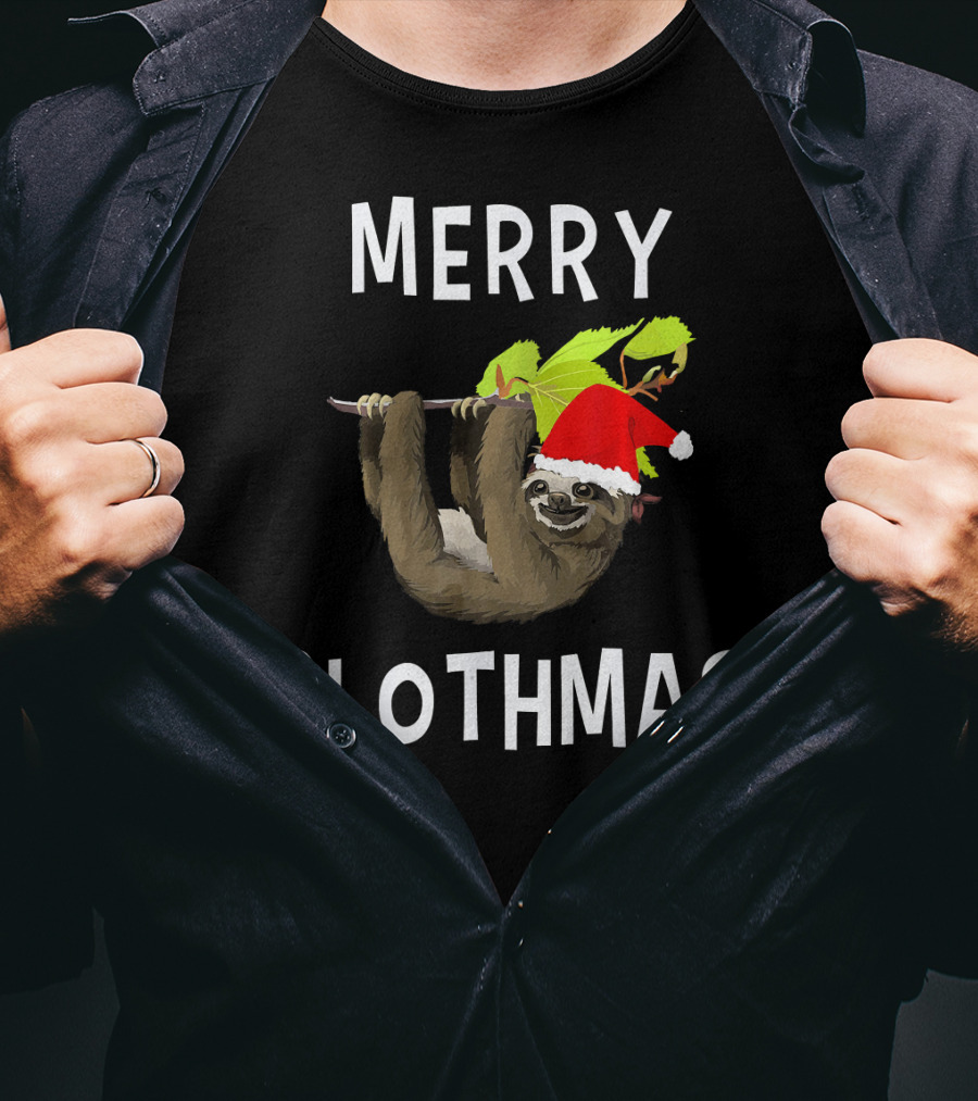 Merry Slothmas Hanging Sloth In Santa Hat With Leaves T-Shirt