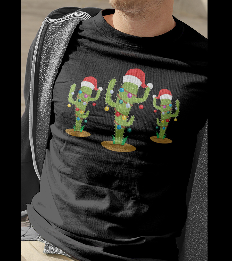 Festive Christmas Cacti With Santa Hats And Lights T-Shirt
