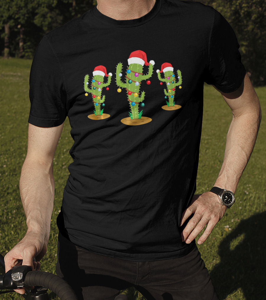 Festive Christmas Cacti With Santa Hats And Lights T-Shirt