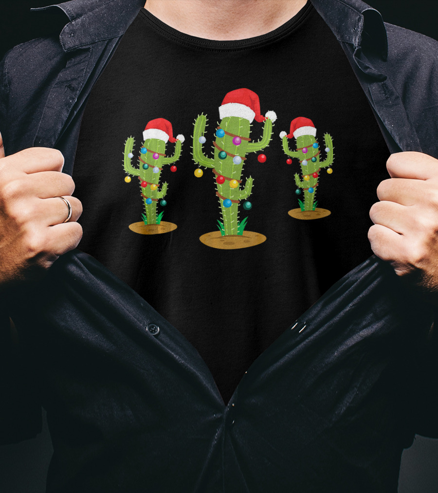 Festive Christmas Cacti With Santa Hats And Lights T-Shirt