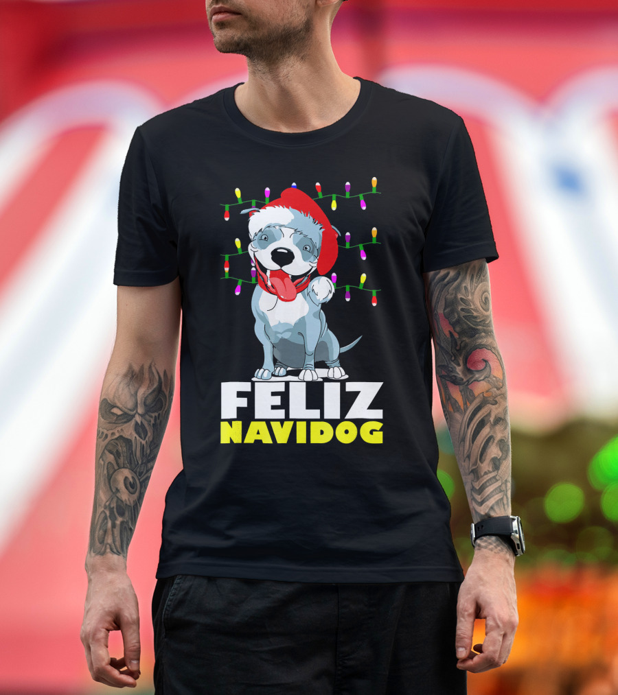 Feliz Navidog Pitbull In Santa Hat With Christmas Lights T-Shirt