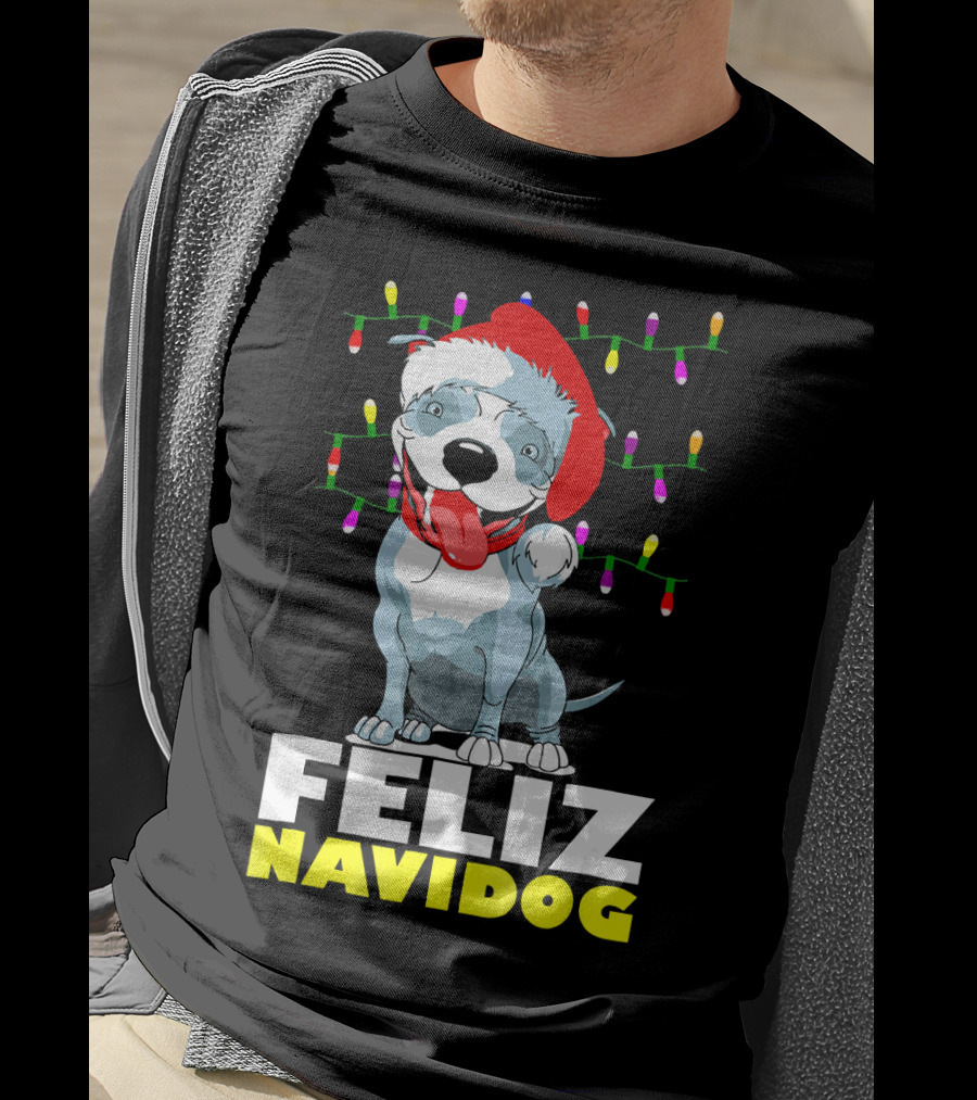 Feliz Navidog Pitbull In Santa Hat With Christmas Lights T-Shirt