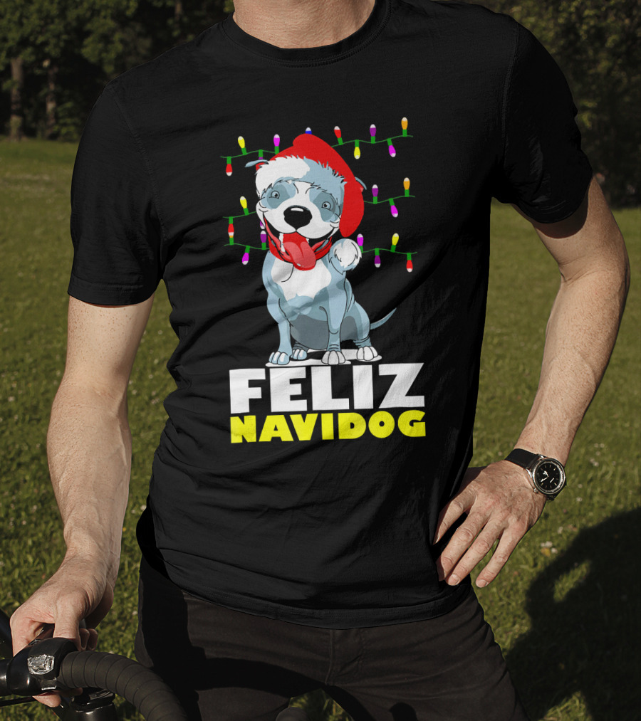 Feliz Navidog Pitbull In Santa Hat With Christmas Lights T-Shirt