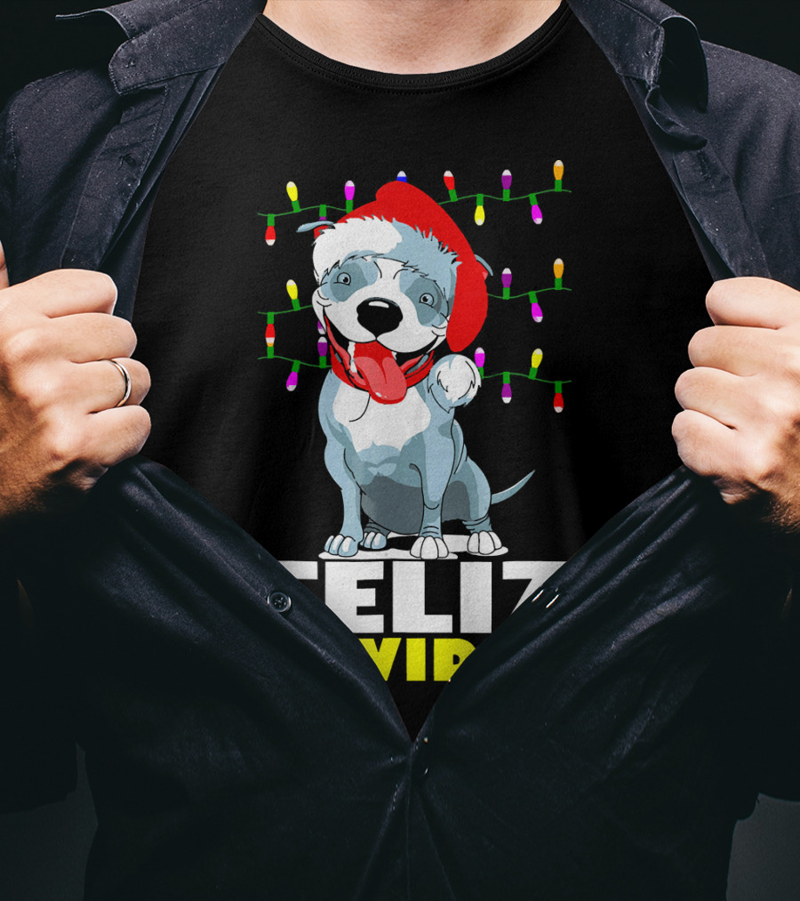 Feliz Navidog Pitbull In Santa Hat With Christmas Lights T-Shirt