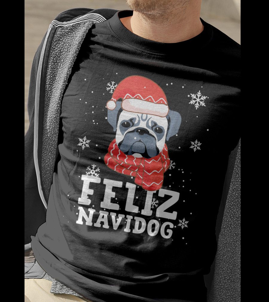 Feliz Navidog Pug Dog With Santa Hat And Scarf Snowflakes T-Shirt