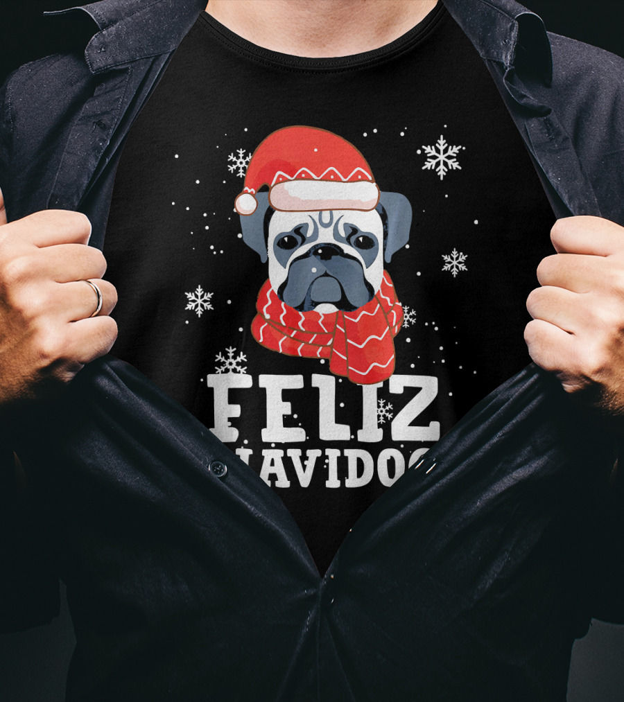 Feliz Navidog Pug Dog With Santa Hat And Scarf Snowflakes T-Shirt