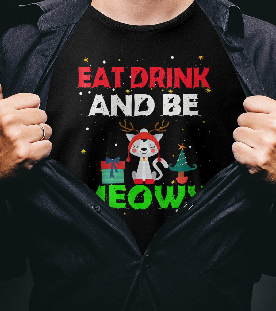 Eat Drink And Be Meowy Cat With Reindeer Antlers Holiday Motif T-Shirt