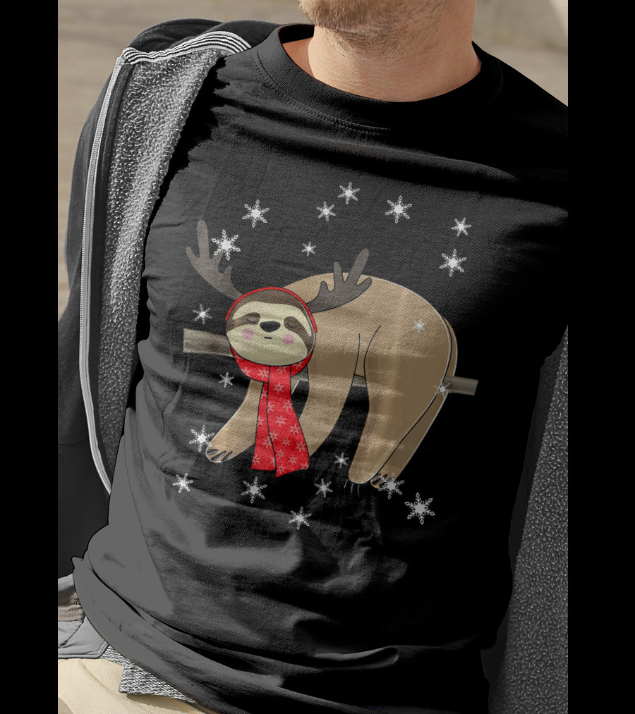 Funny Christmas Sloth Cute Sloth With Antlers And Red Scarf Surrounded By Snowflakes T-Shirt