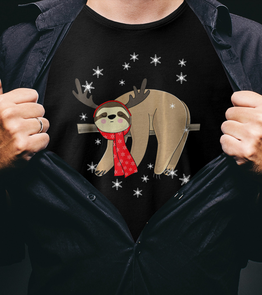 Funny Christmas Sloth Cute Sloth With Antlers And Red Scarf Surrounded By Snowflakes T-Shirt