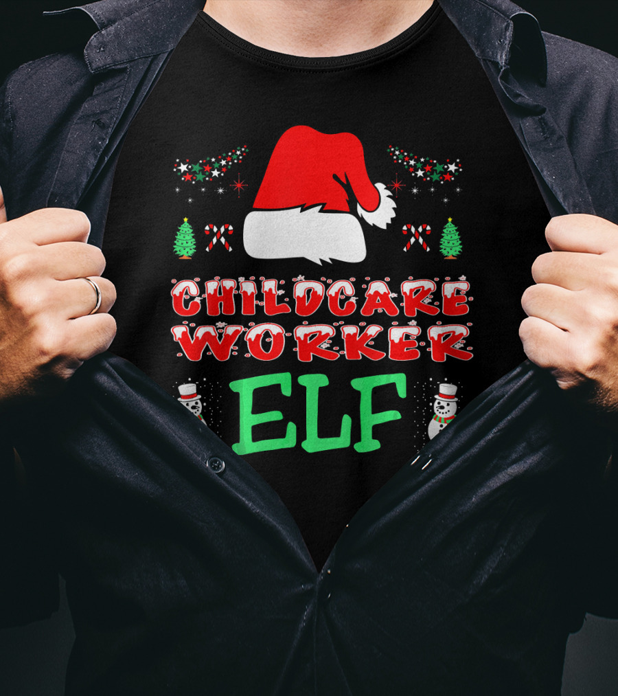 Childcare Worker Elf Santa Hat Candy Canes Snowmen Christmas Trees T-Shirt