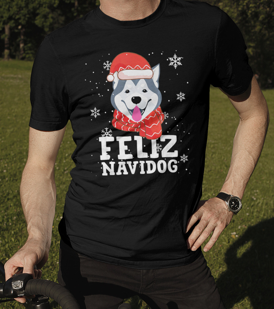 Feliz Navidog Husky Siberian Dog Festive Holiday Santa Hat And Snowflakes T-Shirt