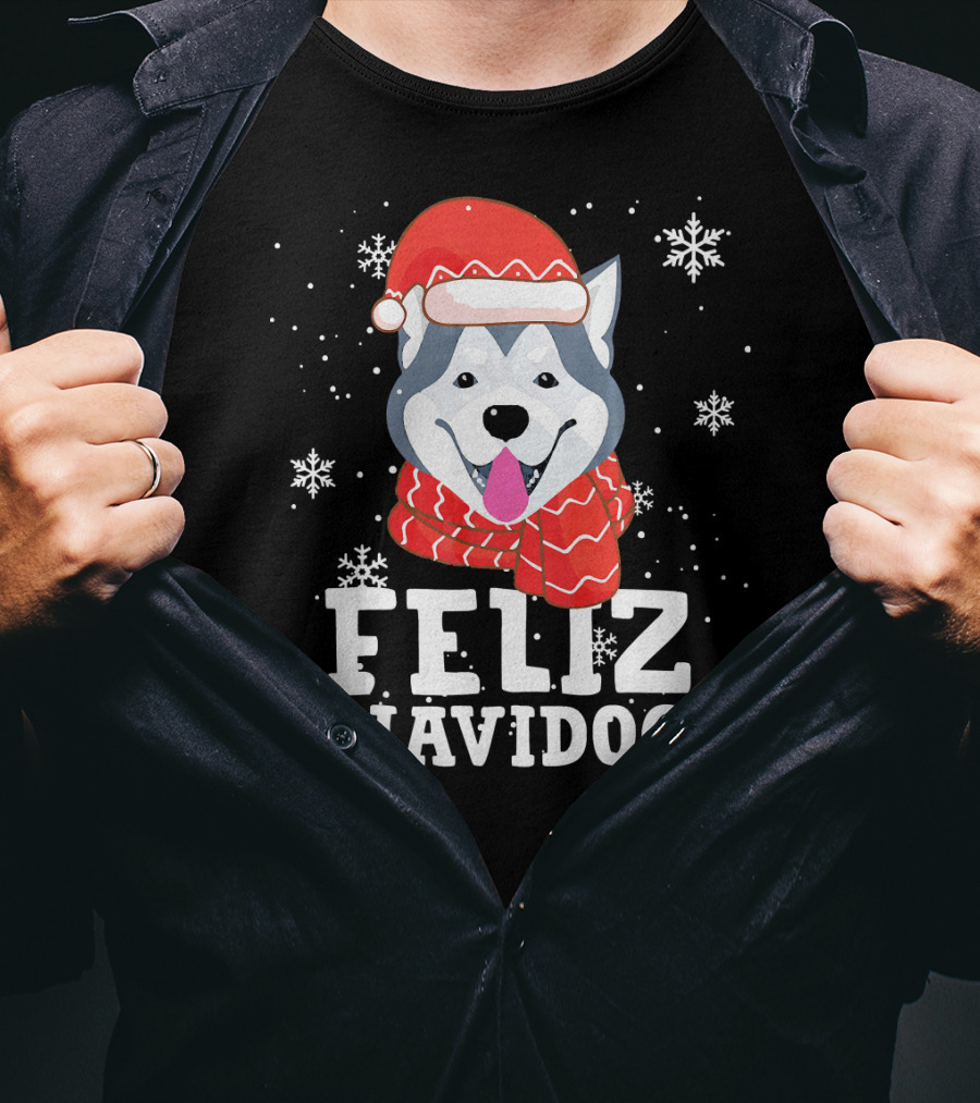 Feliz Navidog Husky Siberian Dog Festive Holiday Santa Hat And Snowflakes T-Shirt