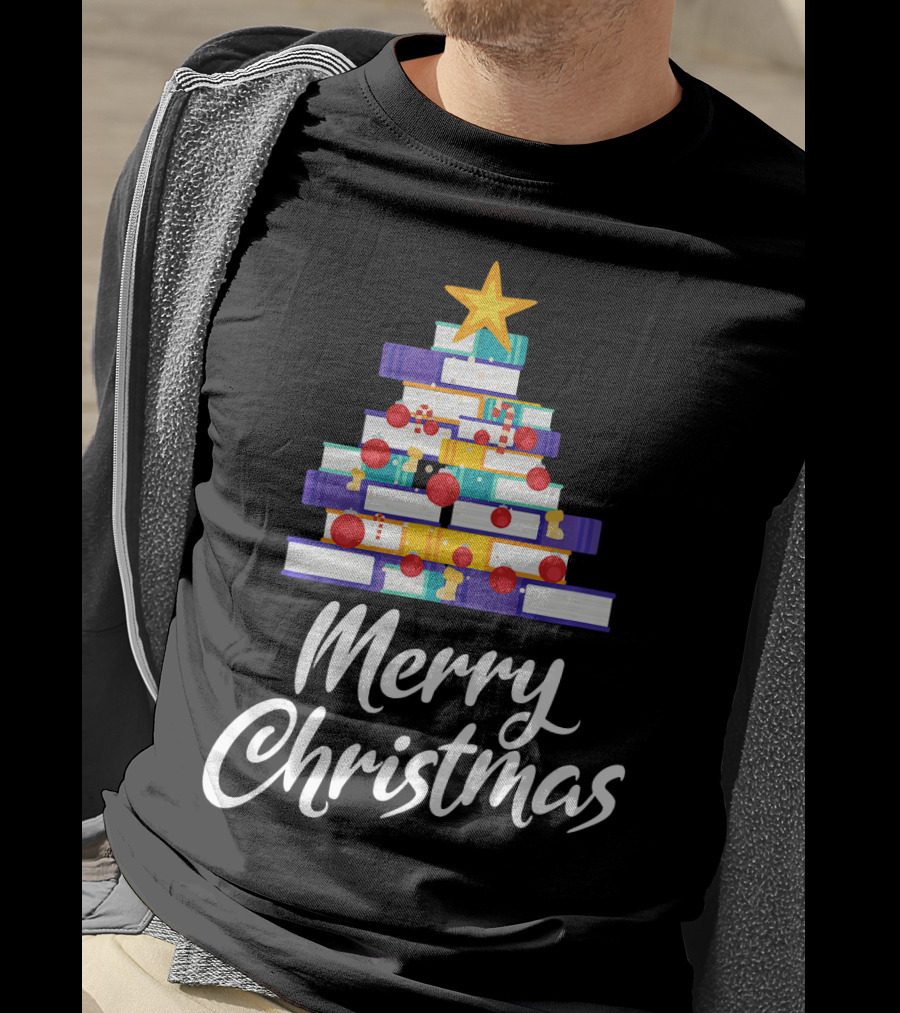 Merry Christmas Tree Stack Of Books Holiday Decor T-Shirt