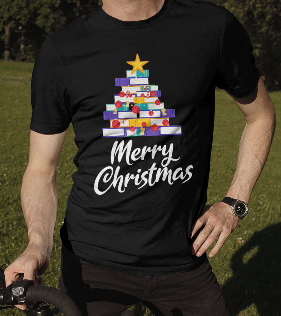 Merry Christmas Tree Stack Of Books Holiday Decor T-Shirt