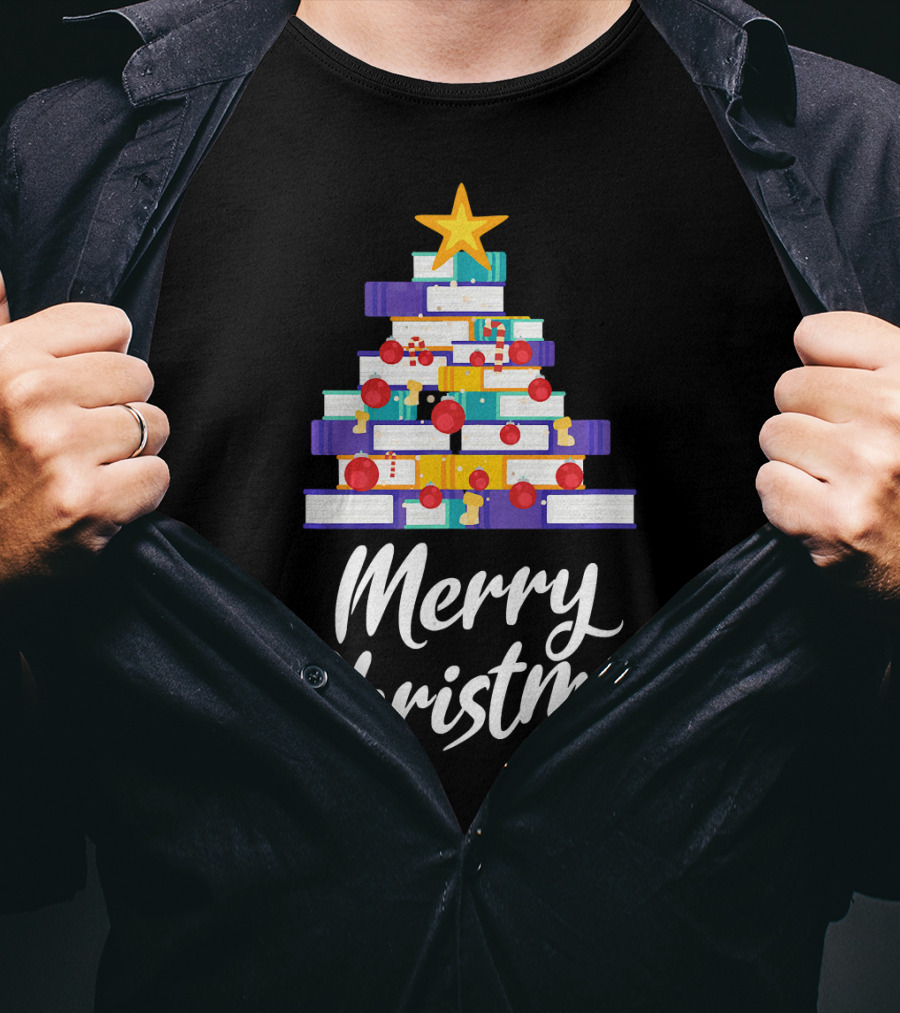 Merry Christmas Tree Stack Of Books Holiday Decor T-Shirt