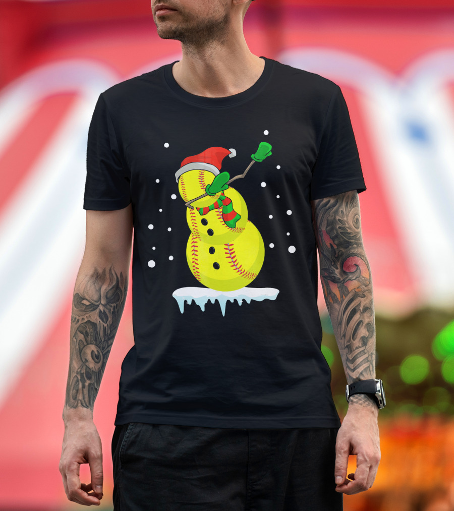 Dabbing Snowman Softball Christmas Fun T-Shirt